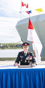 Vice-Admiral Angus Topshee assumed leadership of the Royal Canadian Navy from Vice-Admiral Craig Baines, during the Commander Royal Canadian Navy Change of Command, at Her Majesty’s Canadian Dockyard Halifax, NJ Jetty, on 30 May 2022. The Chief of the Defence Staff, General Wayne Eyre, presided over the ceremony. Left to right: Vice-Admiral Angus Topshee, General Wayne Eyre and Vice-Admiral Craig Baines. Photo by Mona Ghiz, MARLANT Public Affairs.  20220530HSX0311D233 © 2022 DND-MDN Canada